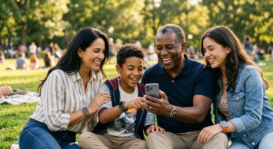 Family laughing and playing outdoors