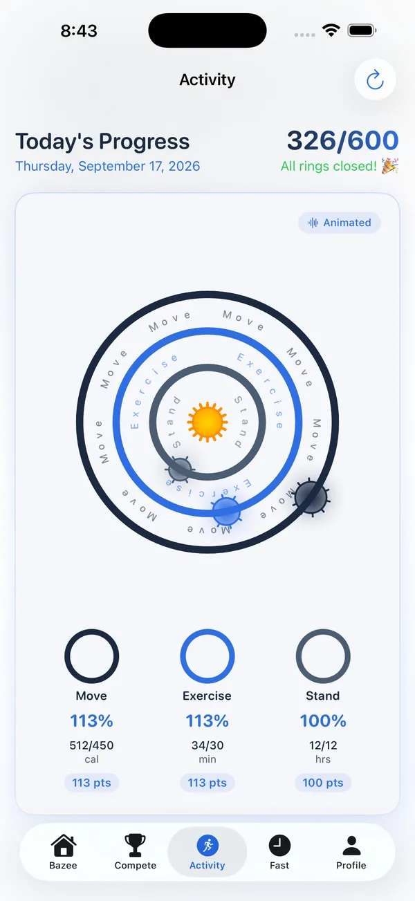 Animated Move, Exercise and Stand rings with points for today