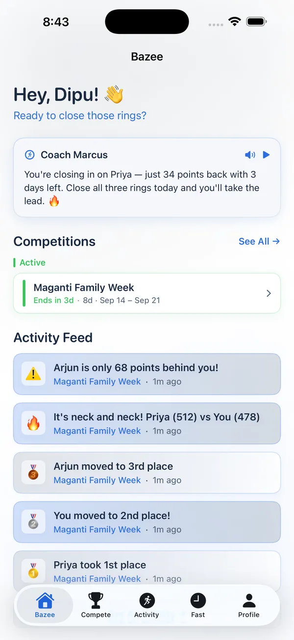 Home screen with daily coach message and a rivalry activity feed